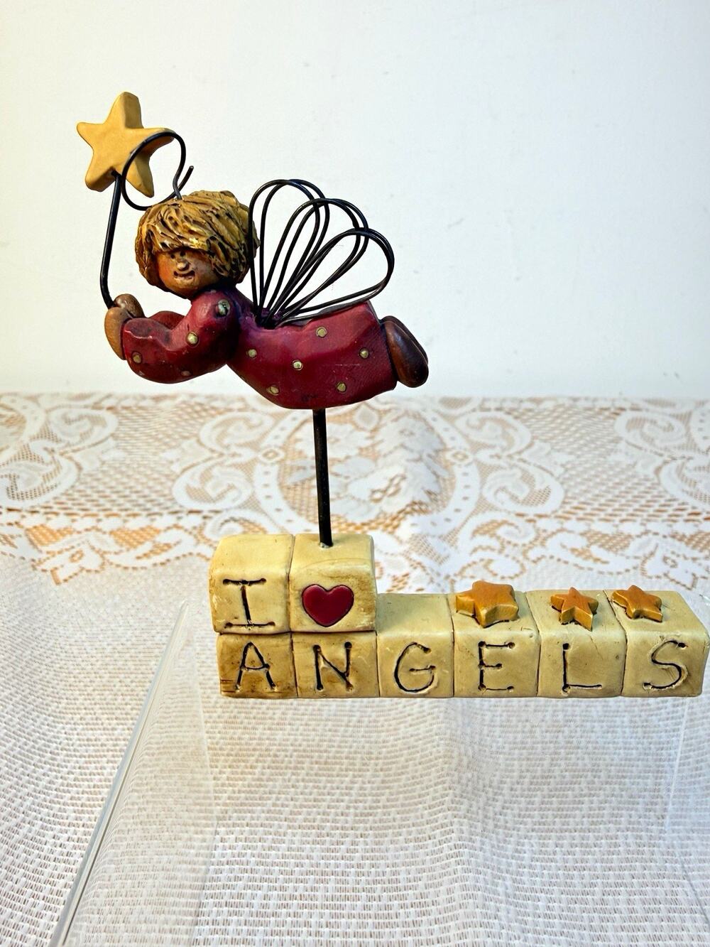 SUZI Blossom Bucket I Love Angels Angel Figurine Star Metal Wings Paintedc